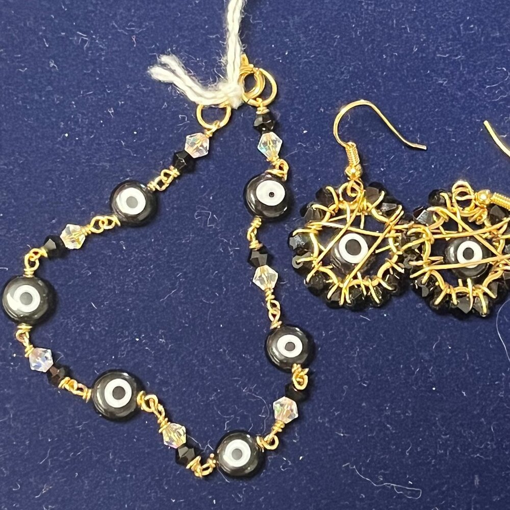 NWT Handmade Bracelet and Earrings set Evil Eye Gold plated wire By ME